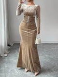 Women's Slim Fit Pleated Velvet Long Sleeve Evening Maxi Dress
