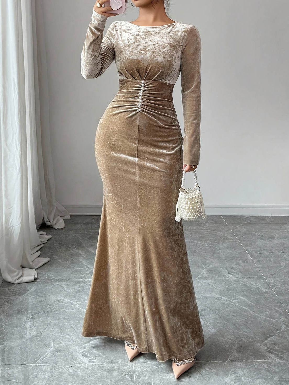 Women's Slim Fit Pleated Velvet Long Sleeve Evening Maxi Dress