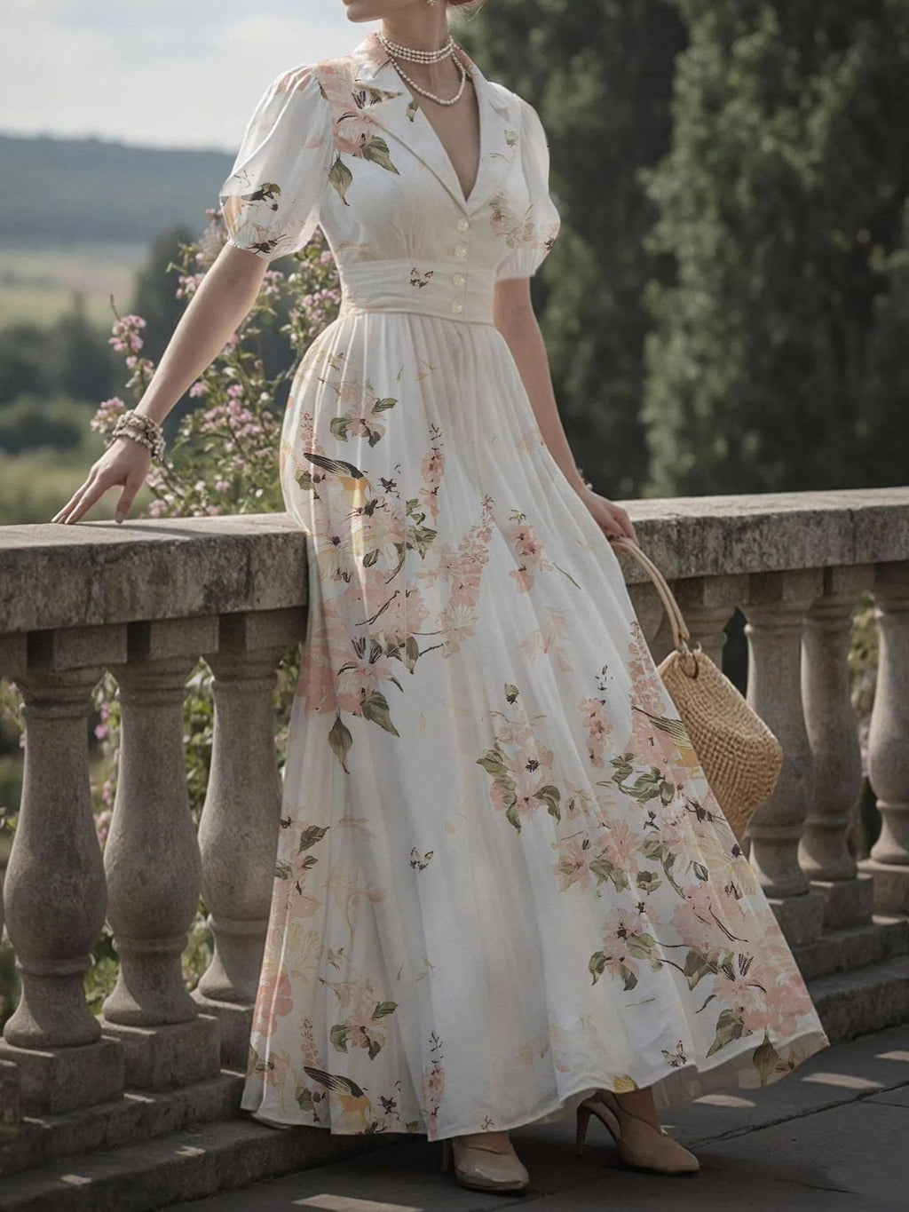Women's Summer Printed Short Sleeve Waist-Cinching Flared Maxi Dress Elegant Casual Long A-Line Dress for Daily Wear, Vacation,