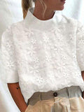 Women's Summer Embroidered Lace Half Turtleneck Pullover Elegant Blouse Top