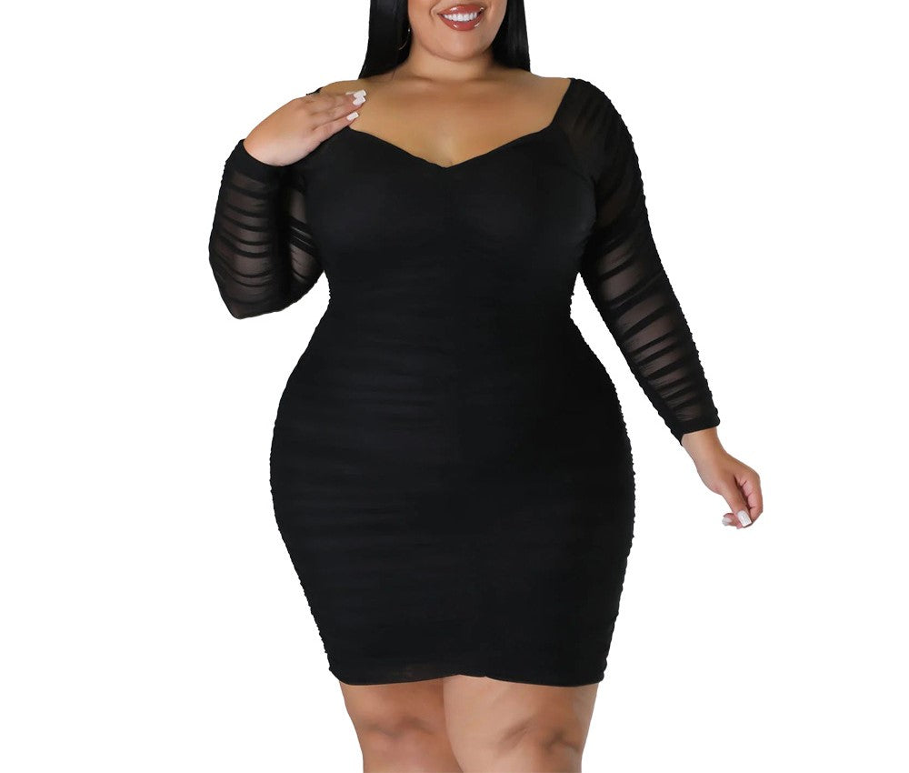 Autumn Plus Size Women's Bodycon Dress with Sheer Mesh Blouse Sleeves – Elegant Nightclub & Party Style