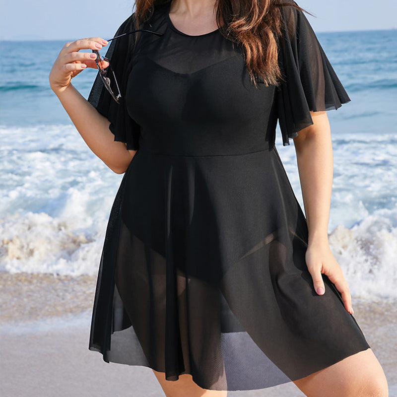 Women’s Plus Size One-Piece Swimsuit – Tummy Control Mesh Slimming Swimwear with Chest Padding