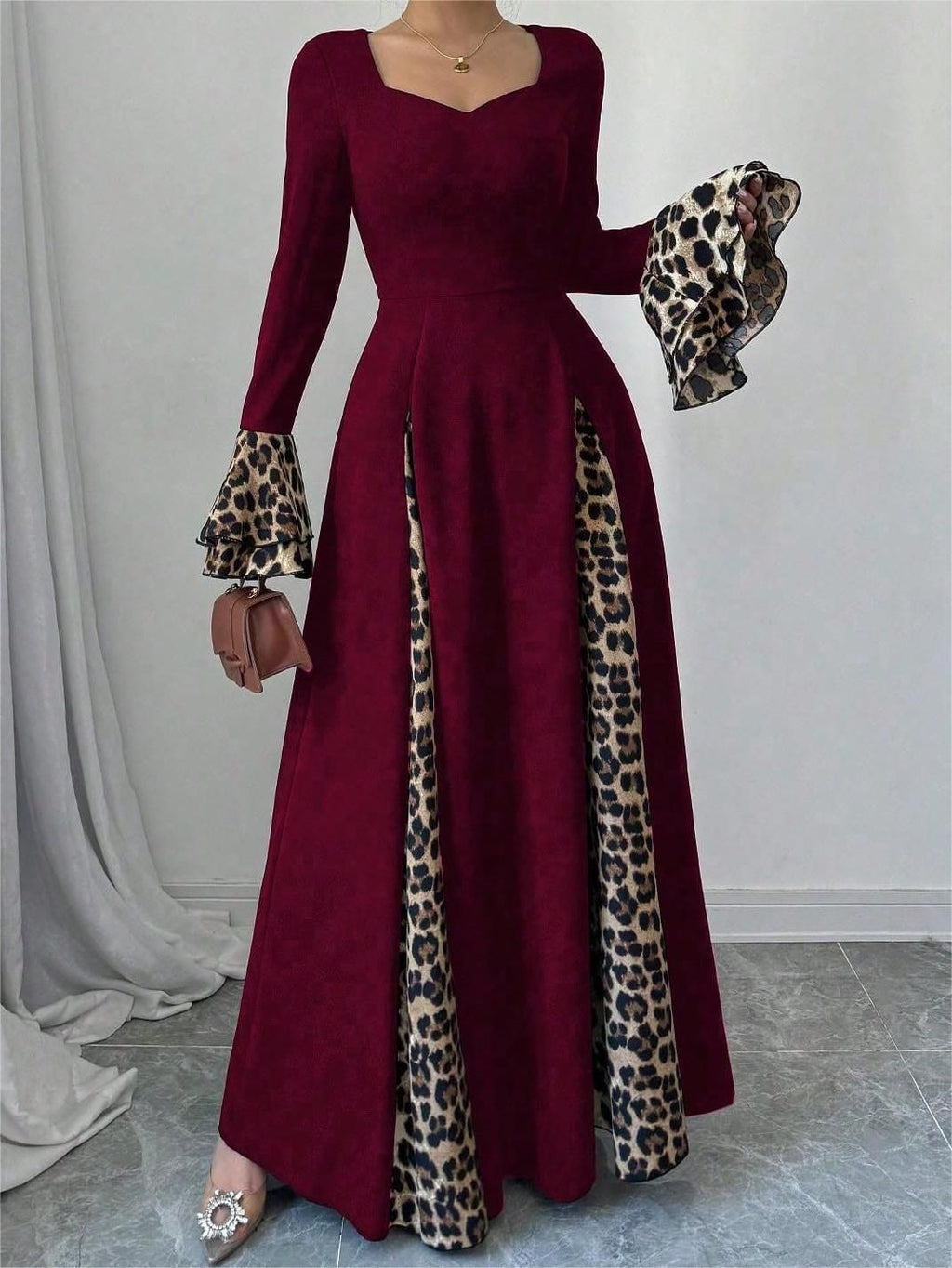 Women's Autumn Winter Leopard Print Contrast Color Trumpet Sleeve Midi Dress