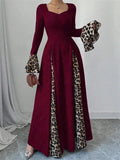 Women's Autumn Winter Leopard Print Contrast Color Trumpet Sleeve Midi Dress