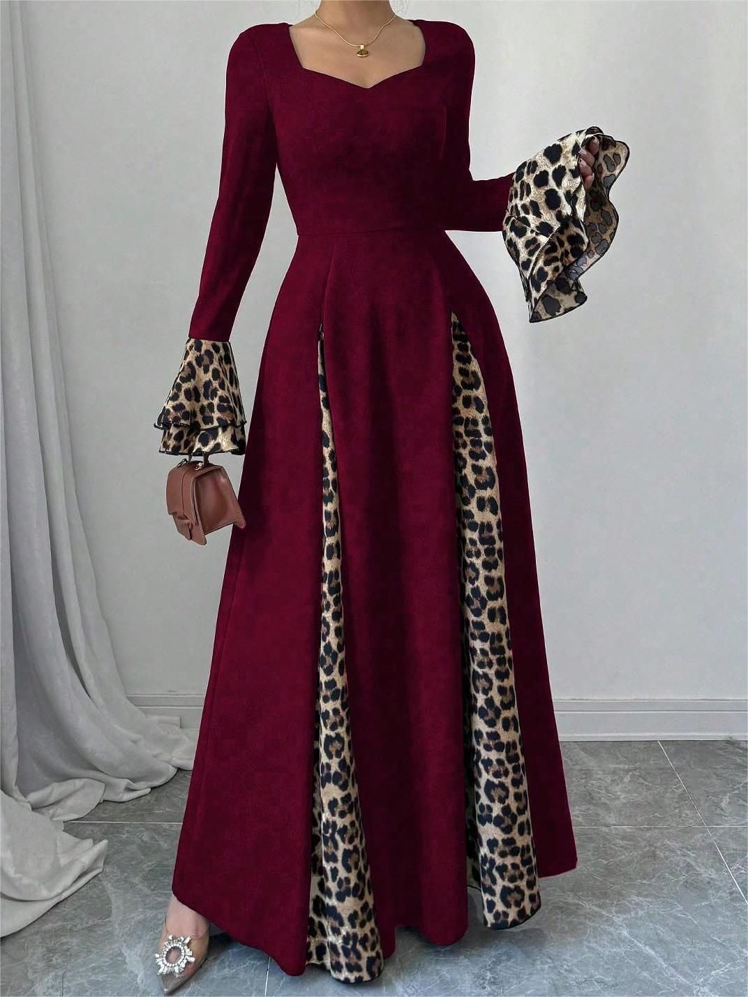 Women's Autumn Winter Leopard Print Contrast Color Trumpet Sleeve Midi Dress
