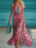 Women's Printed Deep V Sleeveless Leopard Print Side Slit Maxi Dress
