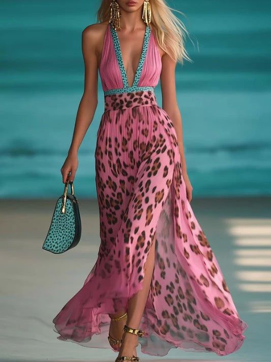 Women's Printed Deep V Sleeveless Leopard Print Side Slit Maxi Dress