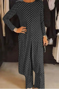 Women's Round Neck Long Sleeve Top & Split Hem Polka Dot Trousers Casual Two-Piece Set