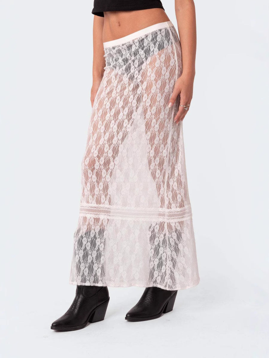 Hollow Lace See-Through Splicing Half-Length Beach Skirt for Women