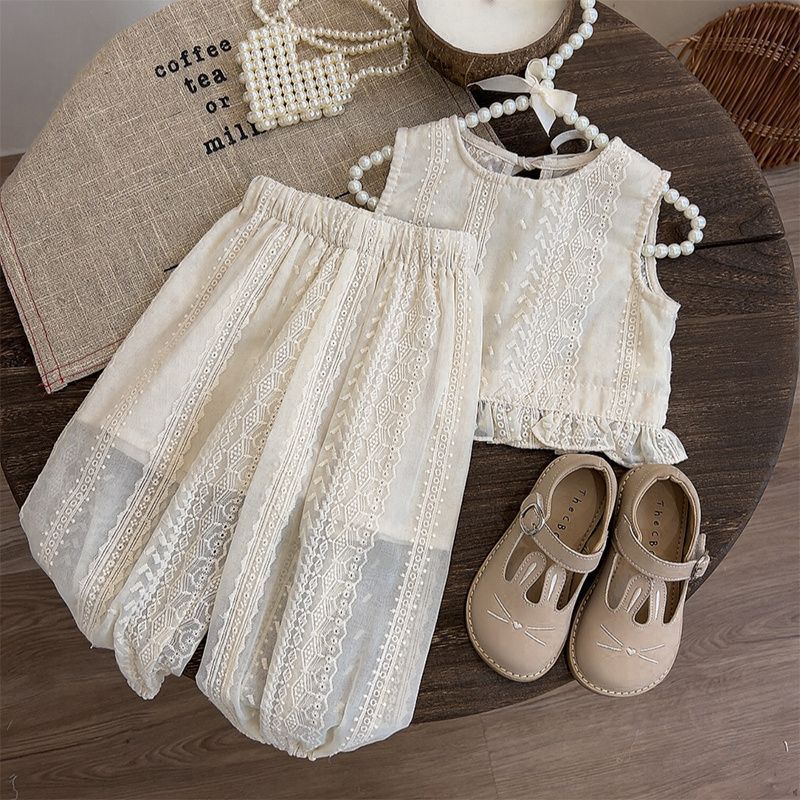 Summer Girls’ Lace Embroidered Outfit – Baby Style Vest Top & Wide Leg Pants Set - RAC26JP5380BATS