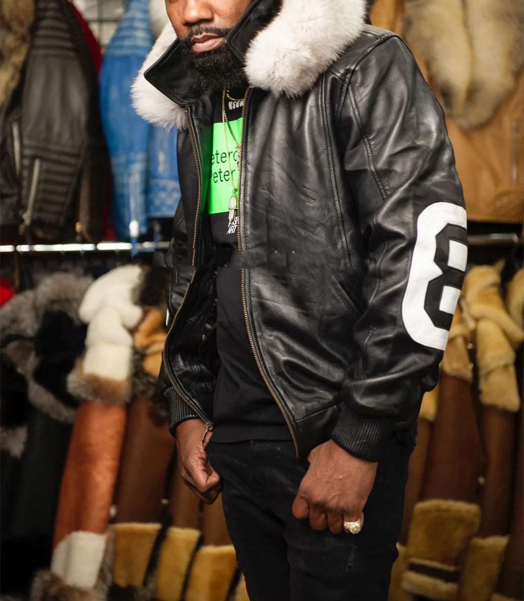 Men’s Hooded Large Fur Collar Leather Coat