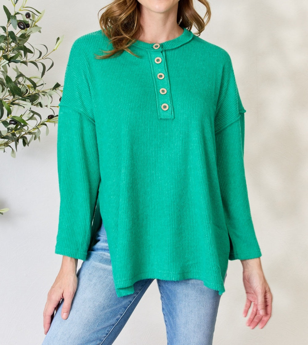 Women's Zenana Full Size Ribbed Half Button Slit Knit Top