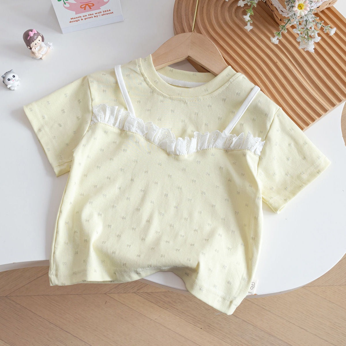 Girls Summer Short-Sleeved T-Shirt – Sweet Lace Fake Two-Piece Bow Top for Babies & Toddlers - RAC26JP5479BATT