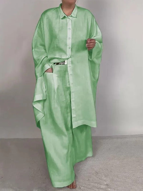 Casual Loose Solid Color Shirt & Wide Leg Plaid Pants Two-Piece Set