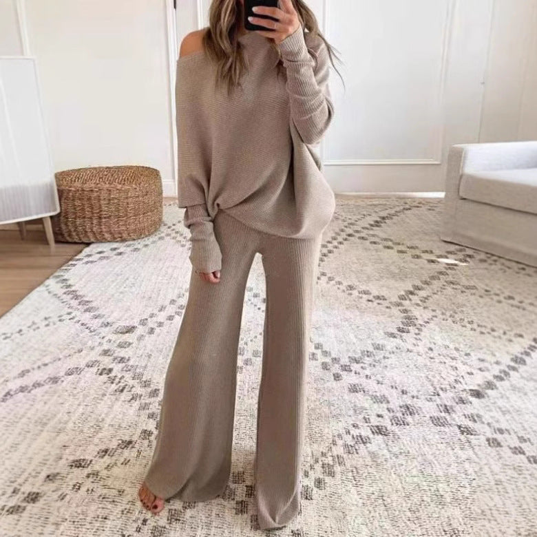 Women's Long-Sleeve Drawstring Top and High-Waist Wide-Leg Pants Two-Piece Set