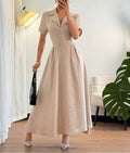 Apricot Women's Summer Dress – V-Neck Short Sleeve Cinched Waist Flowy Casual Midi Dress