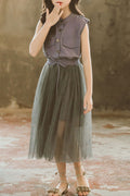 Kids Girls Awesome Button Closure Top Pleated Mesh Skirt Two Piece Outfit