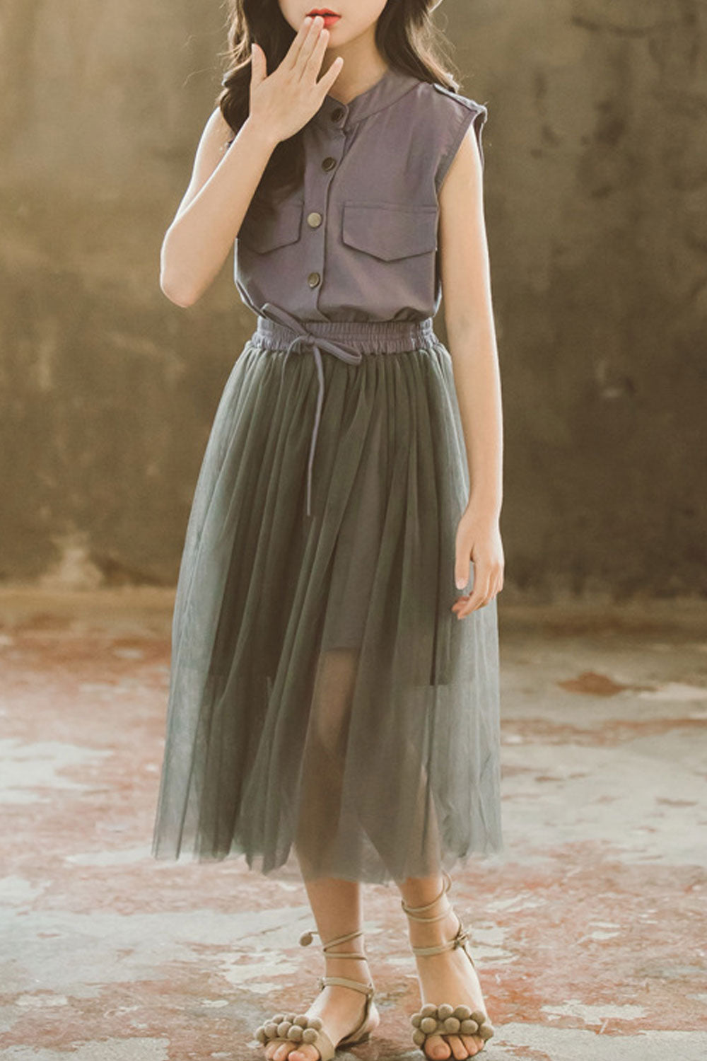 Kids Girls Awesome Button Closure Top Pleated Mesh Skirt Two Piece Outfit
