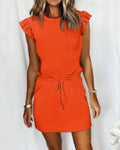 Women’s Lace-Up Solid Color Round Neck Fashionable Elegant Dress