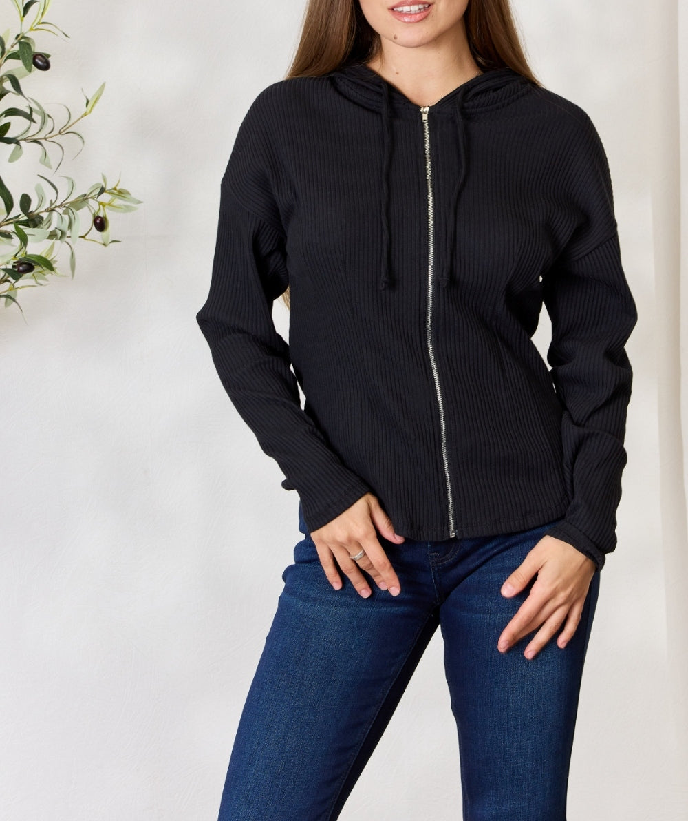 Culture Code Full Size Ribbed Zip Up Drawstring Hooded Jacket