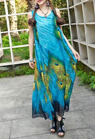 Women Plus Size Peacock Feather Printed Gown Blue