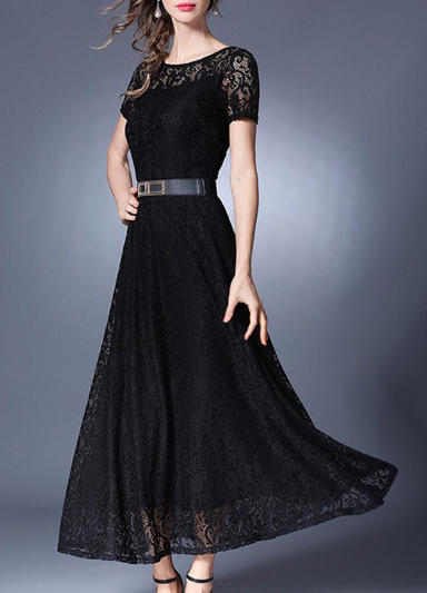 Women Long Belted Lace Party Dress