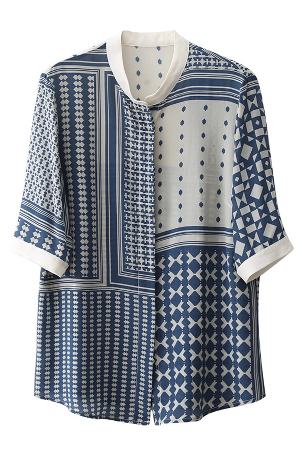 Women Stand Up Collar Elbow Sleeve Lovely Striped Pattern Button Closure Summer Stylish Shirt