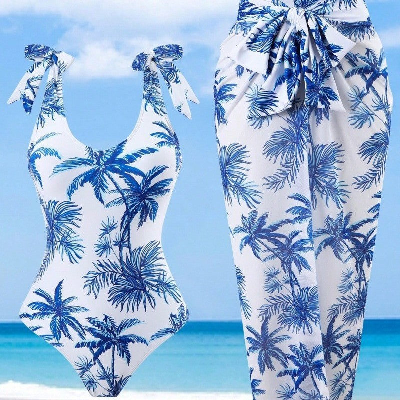 Plus Size Printed Backless Beach Pants Split Swimsuit Bikini Set for Women