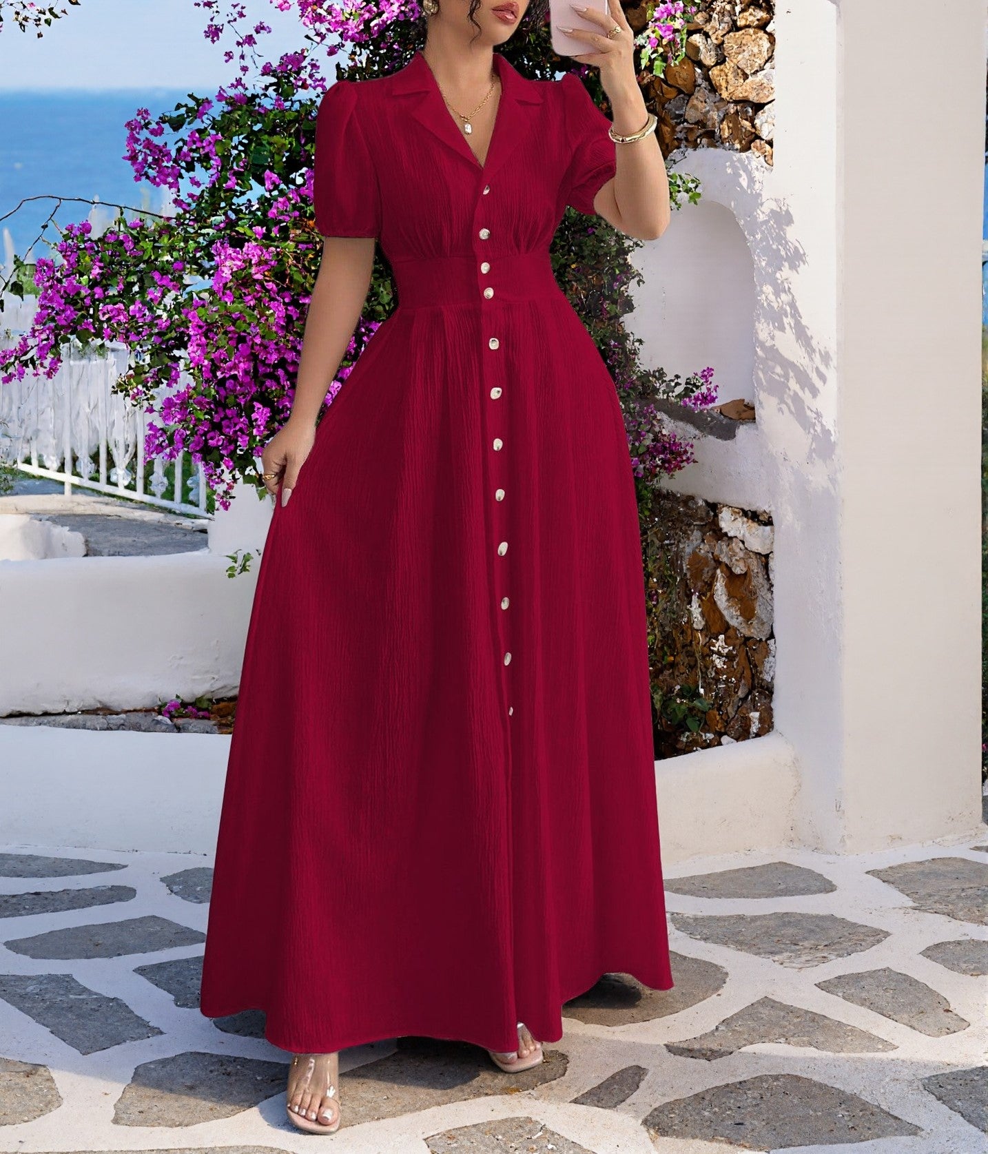 Summer New Style Solid Color Elegant Women's Short Sleeve Long Button Front Maxi Dress Casual Daily Wear