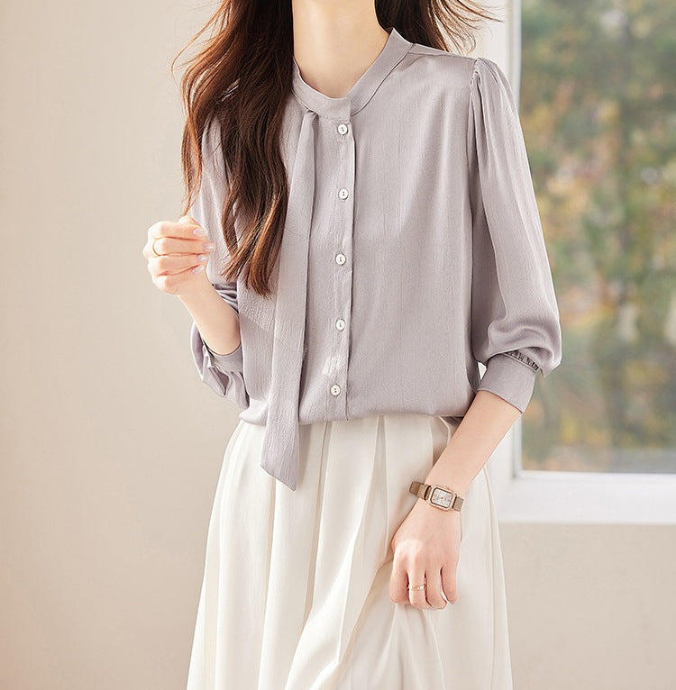 Ribbon Detail Women's Spring & Autumn Long-Sleeve Shirt - Elegant Blouse