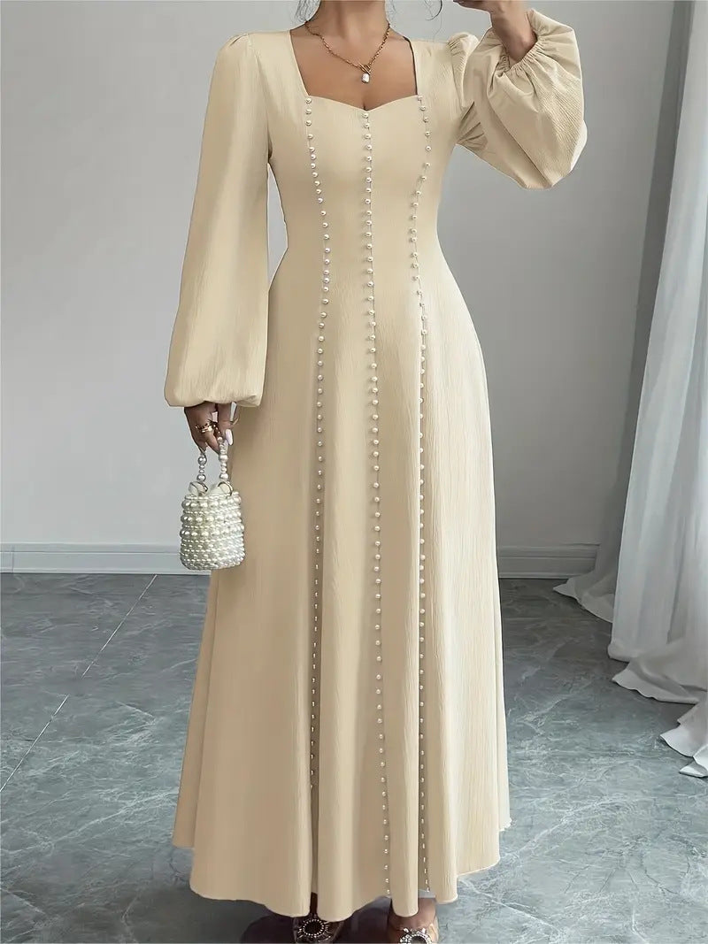 Women's Elegant Beaded Long Sleeve Square Neck A-Line Maxi Dress with Defined Waist