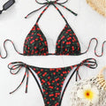 New Digital Cherry Print Lace-Up Halter Bikini Split Swimsuit for Women