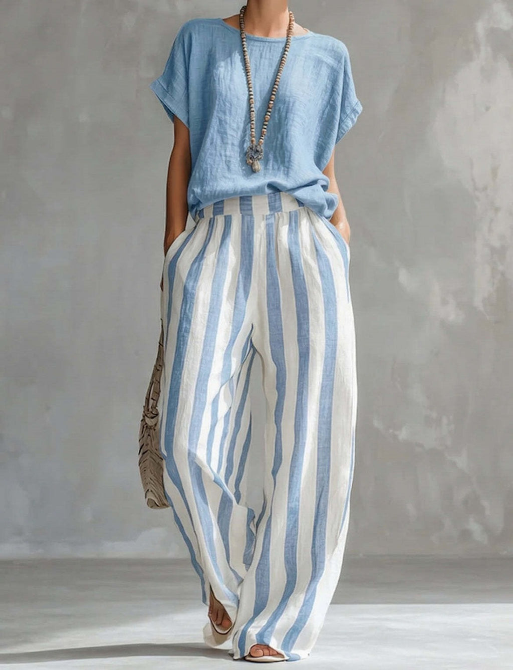 Women's Round Neck Top with Straight Striped Casual Pants Two-Piece Outfit Set