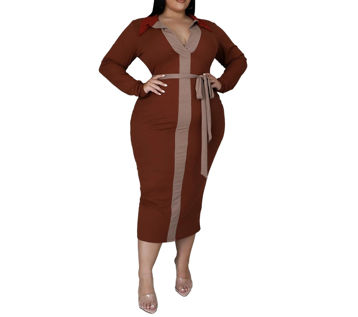 Women’s Autumn Winter Elegant Multi-Color Patchwork Tie-Up Plus Size Dress