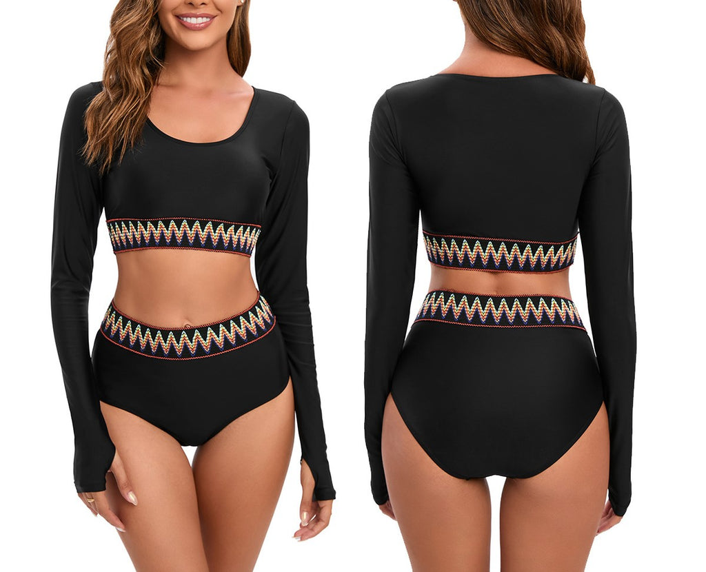 Women's Long Sleeve Black Bikini Surfing Swimsuit – UV Protection Rash Guard Swimsuit, Short Vest Style, Solid Color, Diving Sui