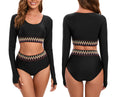 Women's Long Sleeve Black Bikini Surfing Swimsuit – UV Protection Rash Guard Swimsuit, Short Vest Style, Solid Color, Diving Sui