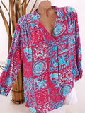 Summer New Casual Printed V-Neck Long Sleeve Shirt Top for Women