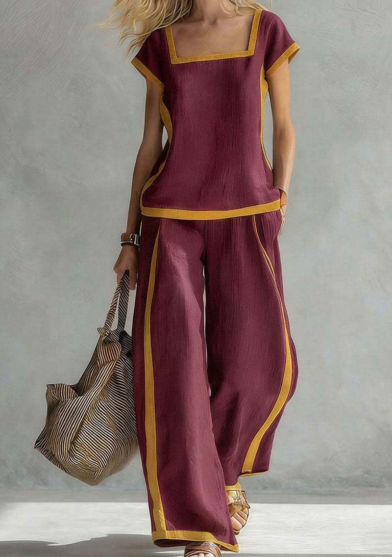 Women's Summer Color Block Top and Wide-Leg Pants Two-Piece Matching Set