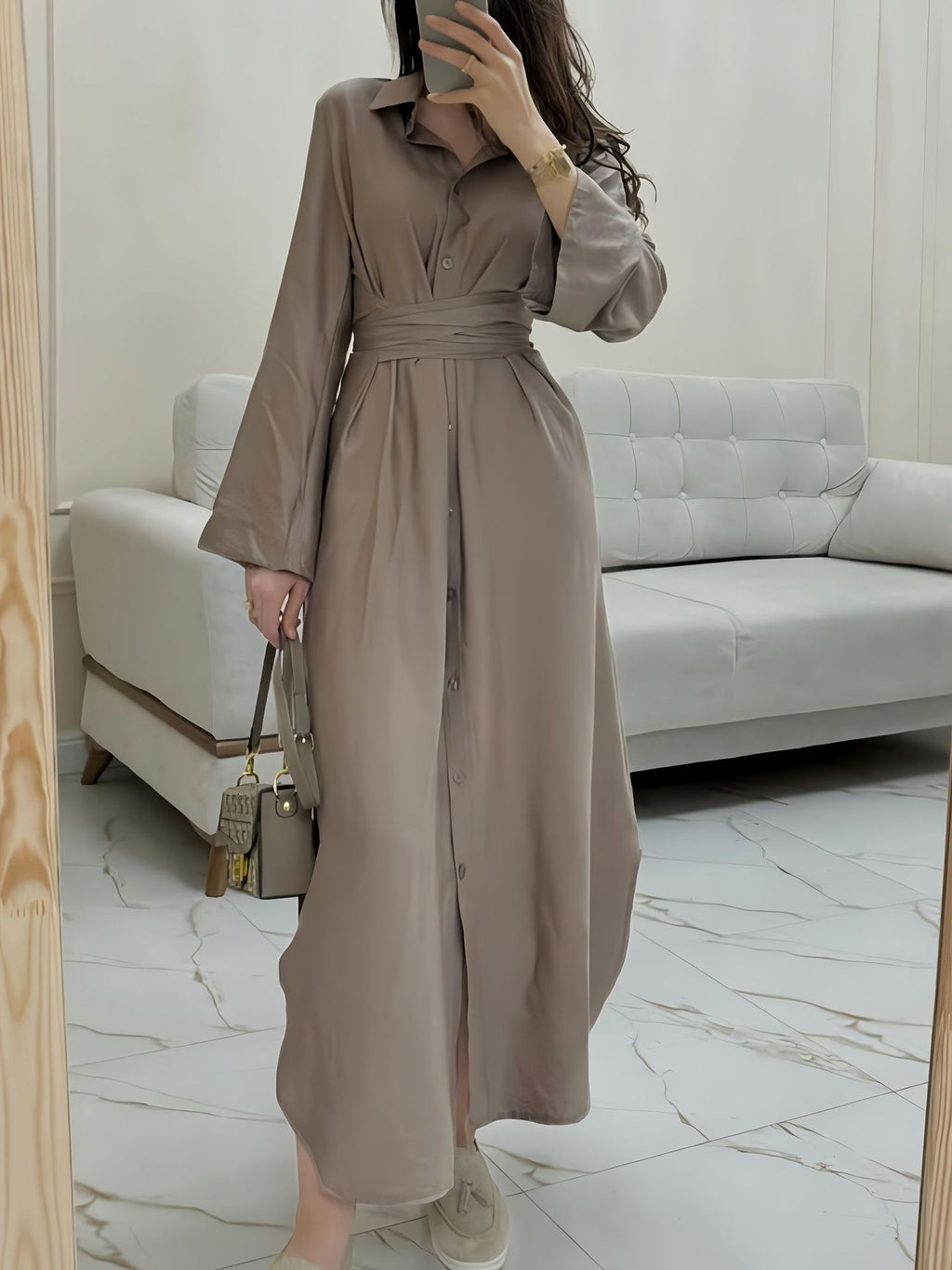 Women's Solid Color Button Front Waist Tie Long Sleeve Shirt Dress Midi Maxi Casual Long Skirt