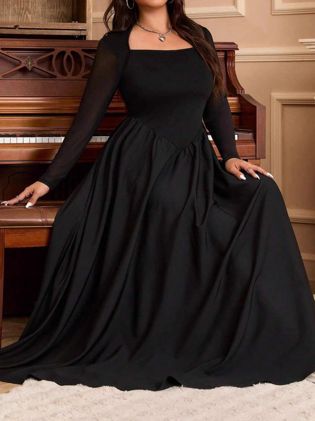 Women's Autumn Winter Solid Color Large Swing Maxi Dress Elegant High Waist Long Sleeve Plus Size Dress