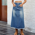 Women's Spring/Summer Washed Frayed Denim Midi Skirt - New Arrival