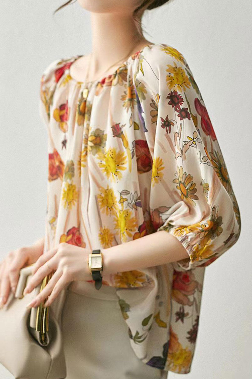 Women Beautiful Floral Printed Round Neck Silk Shirt & Blouse