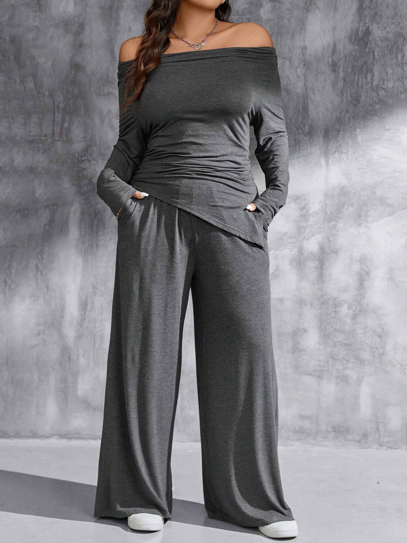 Plus-Size Royal Sister Two-Piece Suit – Elegant Top & Wide-Leg Pants Set | Intellectual Chic Fashion for Women