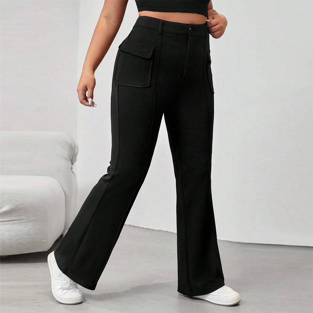 Plus-Size Women’s Street Style 2025 Hot Girl Retro Flared Pants – Slim Fit with Flap Pockets