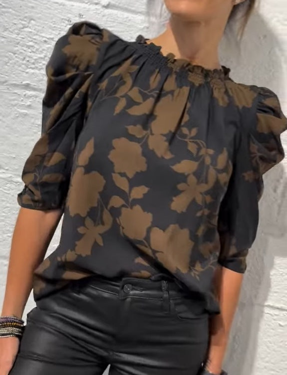 Autumn Women's Printed Round Neck Ruffled Sleeve Casual Blouse Top