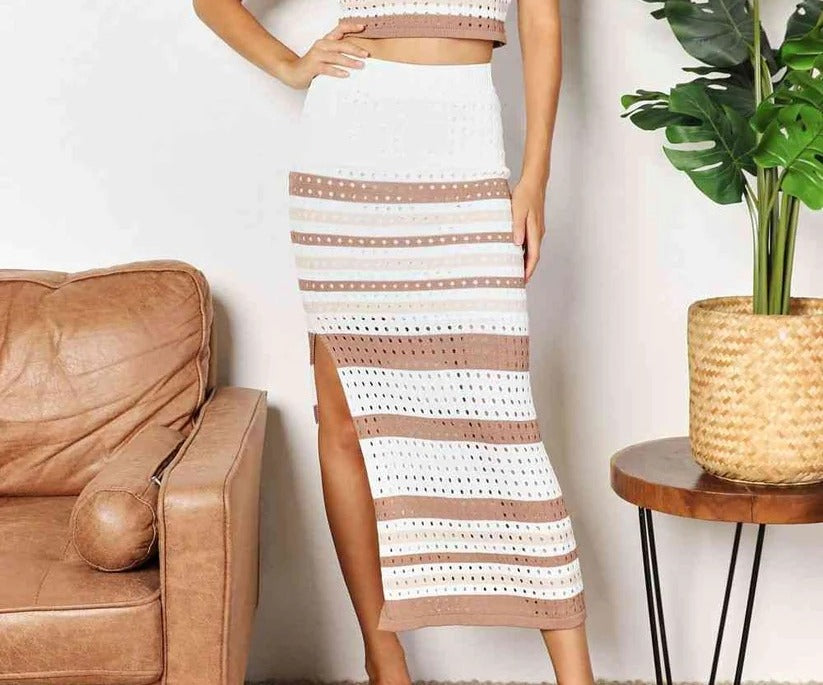 Women's Double Take Striped Openwork Cropped Tank and Split Skirt Set