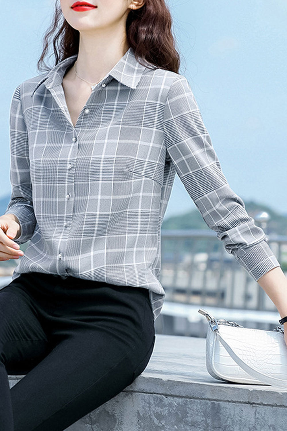Women Summer Plaid Pattern Loose Fit Casual Shirt