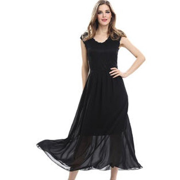 Women Stylish Lace Up Cap Sleeve Long Skirt Pleated Dress