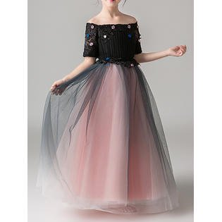 Kids Girls Fabulous Off-Neck Off-Shoulder Sleeve Large Swing Fascinating Party Evening Dress