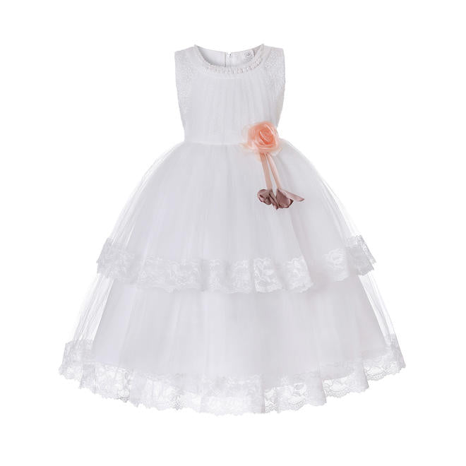 Kids Girls Pearls Flower Waist Birthday Party Dress